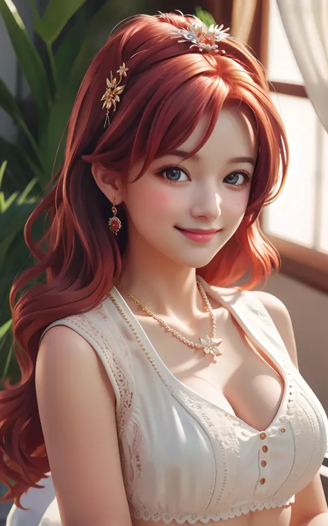 Best quality, Masterpiece, higirl, Smile, Redhead, Hair accessories, necklace, jewelry, Pretty face, cleavage, Dingdall effect, Photorealistic, Shadow Studio, rim lit, bicolor lighting, (High detail skin: 1.2), 8K Ultra HD, Digital SLR, Soft lighting, High...