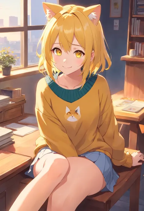 masterpiece, best quality, 1girl, ((looking at viewer)), yellow hair, yellow eyes, long hair, ahoge, sweater, sweater skirt, pantyhose, solo, sole, smile, cat ears, cat tail, fang, catgirl, animal ears