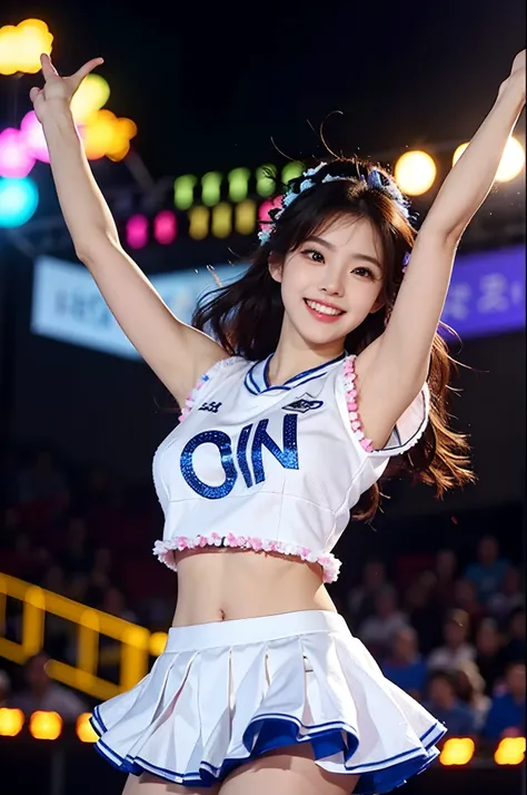 Beautiful Korean idol cheerleader
posters,Painting,high resolution,Ultra-detailed,Realistic:1.37,Vivid colors,hdr,Studio lighting,Sharp focus,
Dance energetically,Smiling happily,Perfect makeup,Stunning costumes,
crowd cheering,exciting atmosphere,dynamicp...