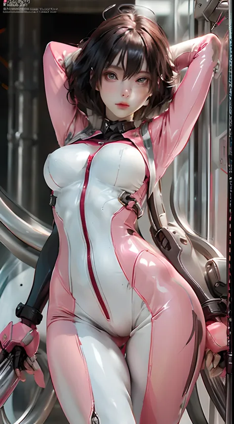 Extremely cute human eighteen year old girl face，Human torso，human huge boobs，Human abdomen，Human buttocks，machine arm，mechanical leg，The arms and legs have a hard white shiny shell and black joints，Very pretty and feminine，short stature，petite，small，small...