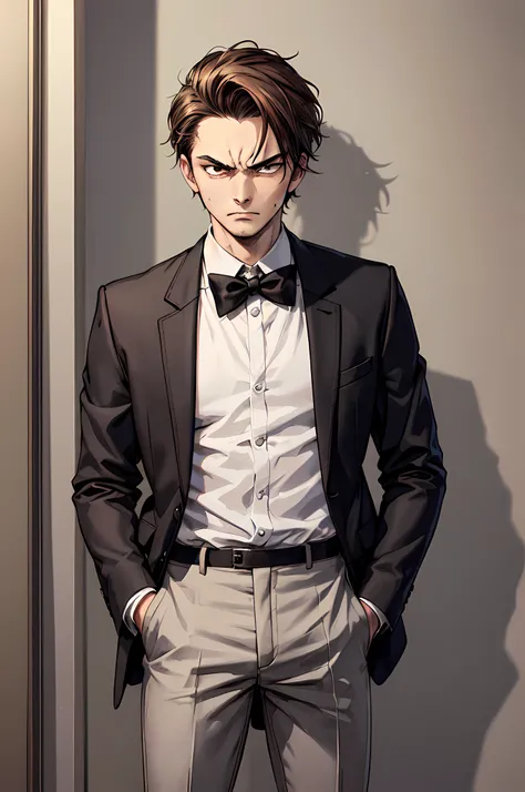 best quality,masterpiece,original,extremely detailed wallpaper,looking at viewer,1boy,solo,male,male focus,brown hair,spiky hair,forehead,white shirt,blazer, black bowtie, black pants,standing,angry,