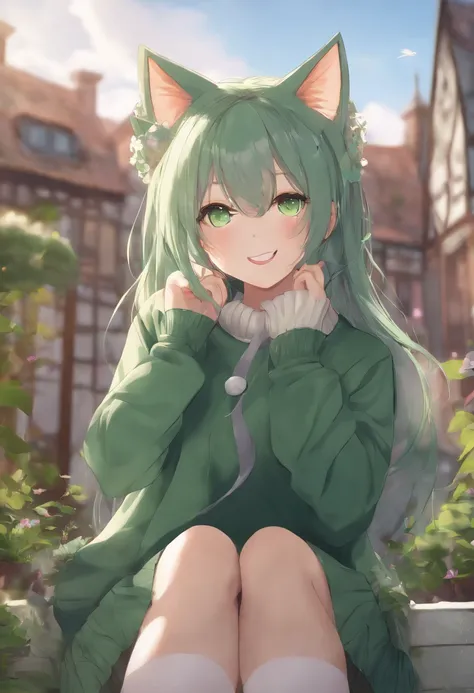 masterpiece, best quality, 1girl, ((looking at viewer)), green hair, green eyes, long hair, ahoge, sweater, sweater skirt, pantyhose, solo, sole, smile, cat ears, cat tail, fang, catgirl, animal ears