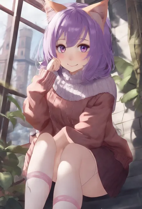 masterpiece, best quality, 1girl, ((looking at viewer)), violet hair, violet eyes, long hair, ahoge, sweater, sweater skirt, pantyhose, solo, sole, smile, cat ears, cat tail, fang, catgirl, animal ears