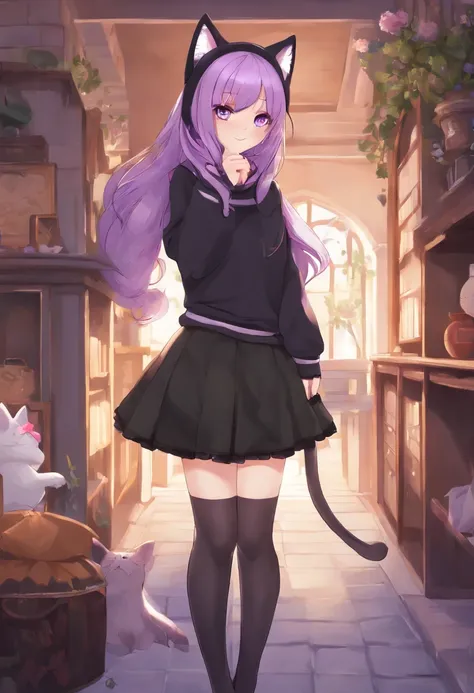 masterpiece, best quality, 1girl, ((looking at viewer)), violet hair, violet eyes, long hair, ahoge, sweater, sweater skirt, pantyhose, solo, sole, smile, cat ears, cat tail, fang, catgirl, animal ears