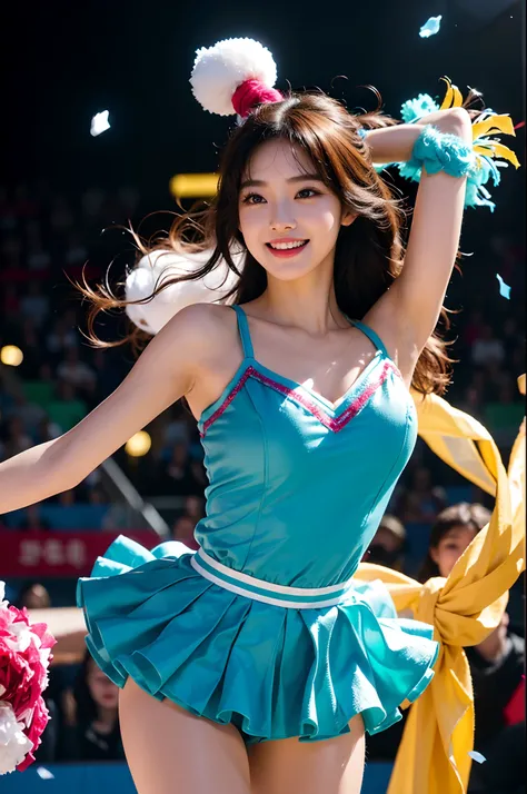 Beautiful Korean idol cheerleader
posters,Painting,high resolution,Ultra-detailed,Realistic:1.37,Vivid colors,hdr,Studio lighting,Sharp focus,
Dance energetically,Smiling happily,Perfect makeup,Stunning costumes,
crowd cheering,exciting atmosphere,dynamicp...