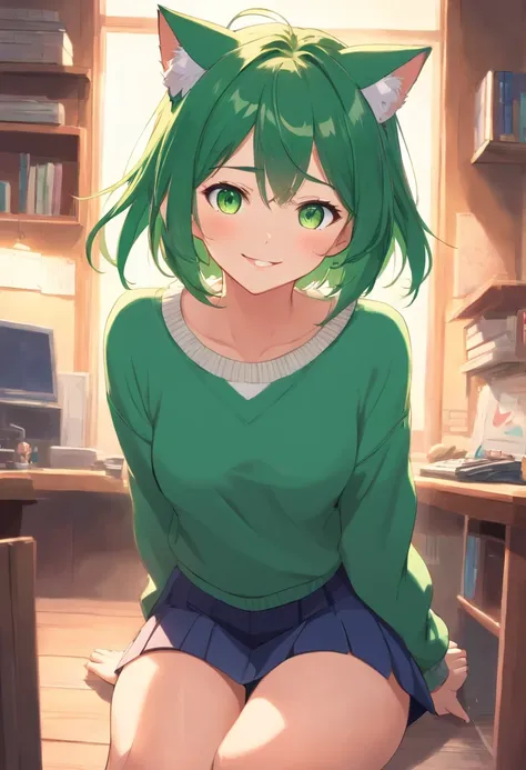 masterpiece, best quality, 1girl, ((looking at viewer)), green hair, green eyes, long hair, ahoge, sweater, sweater skirt, pantyhose, solo, sole, smile, cat ears, cat tail, fang, catgirl, animal ears