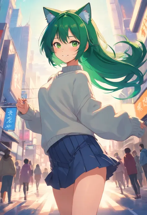 masterpiece, best quality, 1girl, ((looking at viewer)), green hair, green eyes, long hair, ahoge, sweater, sweater skirt, pantyhose, solo, sole, smile, cat ears, cat tail, fang, catgirl, animal ears