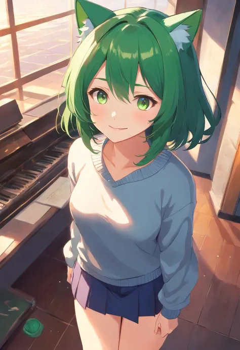 masterpiece, best quality, 1girl, ((looking at viewer)), green hair, green eyes, long hair, ahoge, sweater, sweater skirt, pantyhose, solo, sole, smile, cat ears, cat tail, fang, catgirl, animal ears