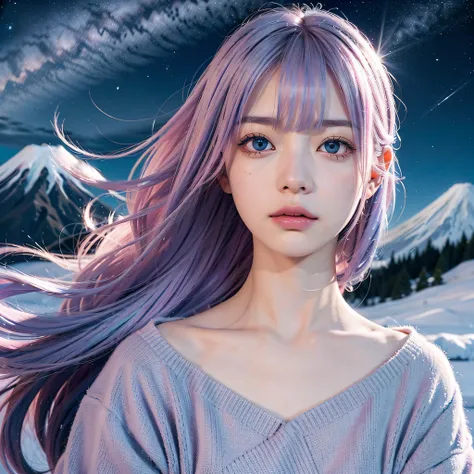 ((masutepiece,Best Quality)),(negative space:1.4),(1girl in, Solo:1.4),Beautiful detailed eyes,Floating pastel pink and lavender hair, Lavender eyes, At night, Starry sky, Shining stars,Majestic Mt. Fuji in winter