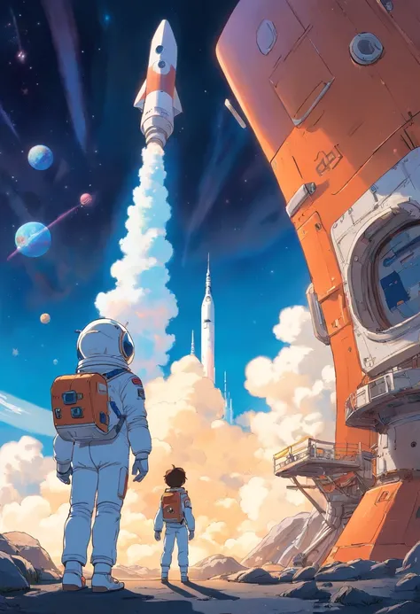 Sketch a scene where Alex stands before their advanced spacecraft, dressed in astronaut attire, ready to embark on a grand space adventure