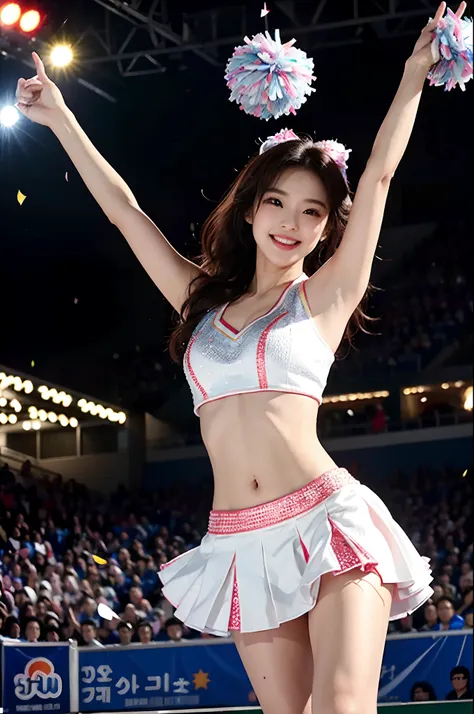 Beautiful Korean idol cheerleader
posters,Painting,high resolution,Ultra-detailed,Realistic:1.37,Vivid colors,hdr,Studio lighting,Sharp focus,
Dance energetically,Smiling happily,Perfect makeup,Stunning costumes,
crowd cheering,exciting atmosphere,dynamicp...