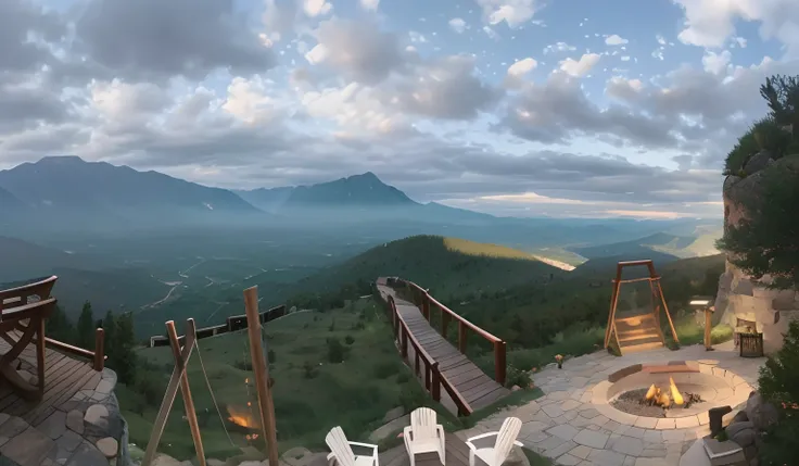 there is a fire pit in the middle of a mountain with a view, panoramic shot, panorama shot, expansive view, panorama view, all in the amazing outdoors view, overlooking a valley, superwide shot, ultra wide-shot, 4k panoramic, wide panoramic shot, super wid...