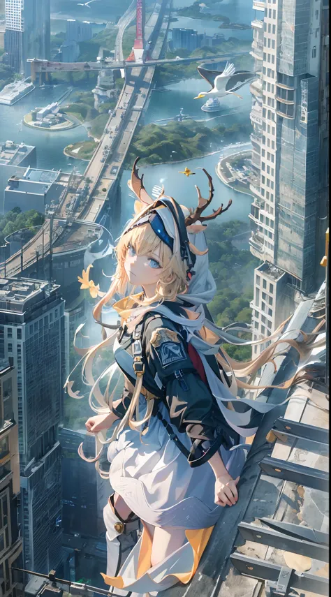 (((Masterpiece))),(incredibly_absurderes),(Best quality),(A high resolution),(Highly detailed),((CG unity 8k wallpaper))，from the above， 1girll， 独奏， advertising billboard， blue color eyes， Golden hair， build， 城市， mostly cloudy sky， Manteau， Boots， The cran...