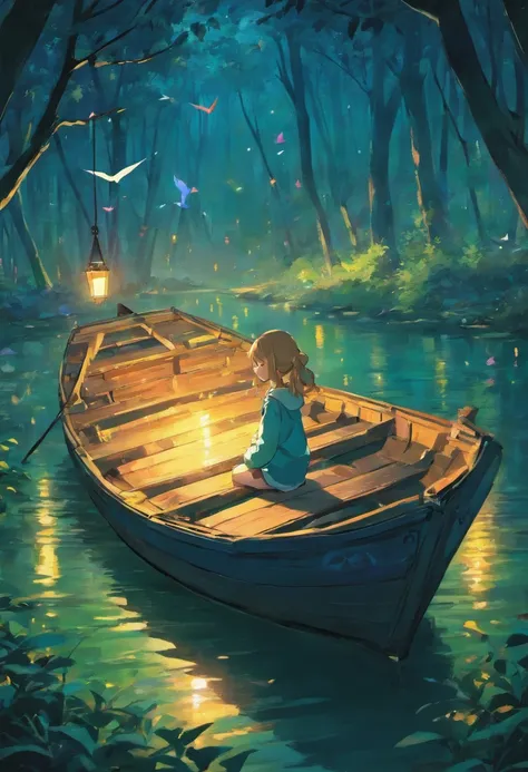 in a night forest, a girl is sitting on a boat, The boat shape is a origami crane,a colorful illustration