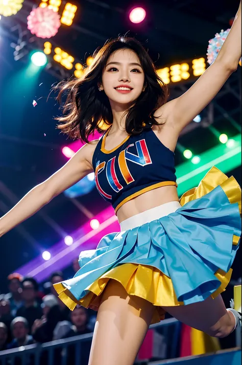 Beautiful Korean idol cheerleader
posters,Painting,high resolution,Ultra-detailed,Realistic:1.37,Vivid colors,hdr,Studio lighting,Sharp focus,
Dance energetically,Smiling happily,Perfect makeup,Stunning costumes,
crowd cheering,exciting atmosphere,dynamicp...