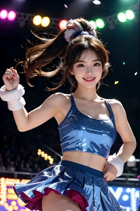 Beautiful Korean idol cheerleader
posters,Painting,high resolution,Ultra-detailed,Realistic:1.37,Vivid colors,hdr,Studio lighting,Sharp focus,
Dance energetically,Smiling happily,Perfect makeup,Stunning costumes,
crowd cheering,exciting atmosphere,dynamicp...