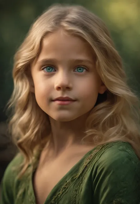 A captivating photograph portraying a young girl with shoulder-length blonde hair and mesmerizing green eyes. The image, crafted with a keen sense of realism by Greg Rutkowski, showcases intricate details in stunning 8K resolution.