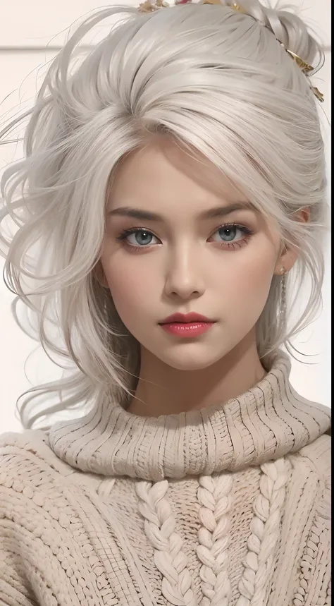 Medium Shot Shot, A beautiful woman looks at the camera, White hair, Chris Foss autumn off-the-shoulder sweater