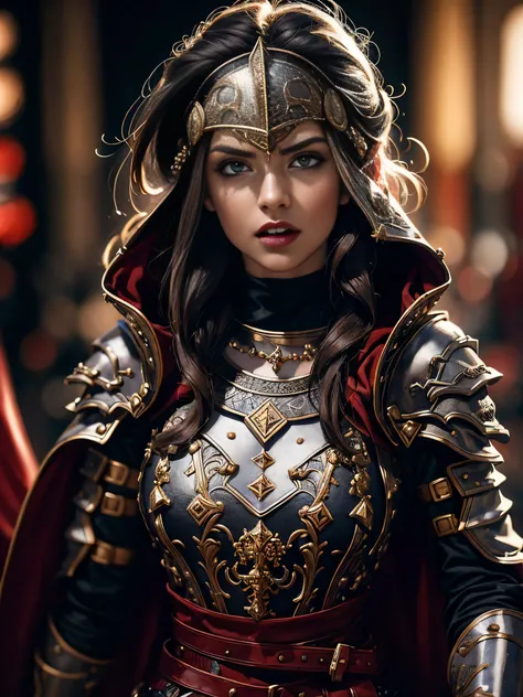 1girl, solo, female roman warrior with red helmet and cape, long black hair, angry, extremely beautiful girl, subtle makeup, sil...