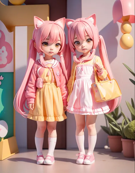 Adorable Girls２a person , Your sister has long hair with pink twin tails , My sister has pink dango hair、Kindergarten jackets are yellow、Skirt black, Let me hold a cat-shaped kindergarten bag in my hands, Please wear clean shoes、sisterhood２a person、chum、Ki...