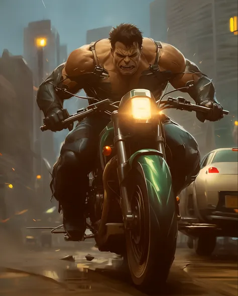 Hulk pilotando uma HARLEY DAVIDSON na chuva em uma rua da cidade, Wojtek FUS, O Hulk, Directed by: Rudy Siswanto, Arte conceitual da Marvel, Hulk, Retrato do Hulk, Incredible hulk, epic comic book art, Desmedido, Hulkish, inspirado em Rudy Siswanto, Direct...