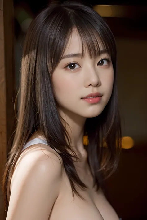 (16 K、Raw photography、top-quality、​masterpiece)、(realisitic、Photorealsitic)、ultra-detailliert、超A high resolution、1 girl naked、see the beholder、beautifull detailed face、A smile、Constriction、(Slim waist) Beautiful detailed skin、Skin Texture、floated hair、prof...