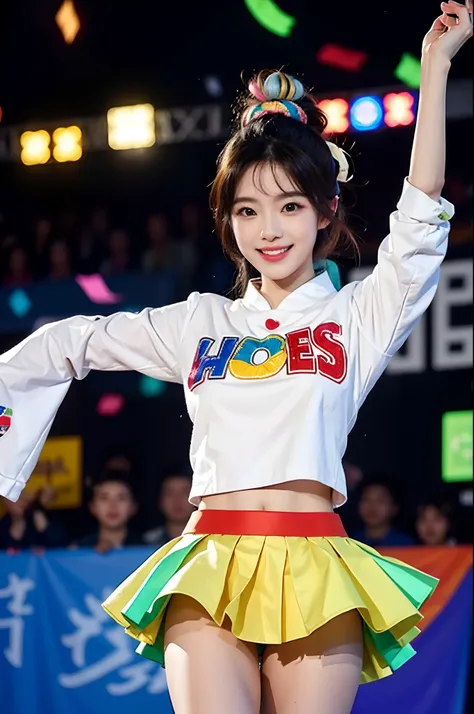 Beautiful Korean idol cheerleader
posters,Painting,high resolution,Ultra-detailed,Realistic:1.37,Vivid colors,hdr,Studio lighting,Sharp focus,
Dance energetically,Smiling happily,Perfect makeup,Stunning costumes,
crowd cheering,exciting atmosphere,dynamicp...