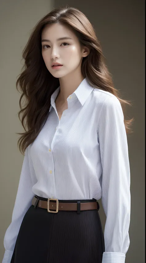 (Best quality, High resolution, Masterpiece :1.3), A tall and pretty woman, Slender abs, Dark brown hair styled in loose waves, Breasts, Wearing pendant, White button up shirt, Belt, Black skirt, (Modern architecture in background), Details exquisitely ren...