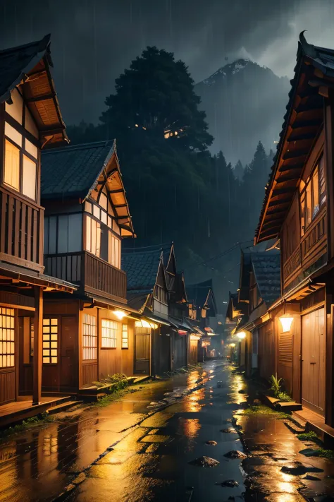 beautiful village scenery with lots of light in its buildings, beautiful city of bandung, Bandung village, amazing wallpaper, Bandung city, Bandung village, very realistic City Photos, natural village, Bandung City, rainy night, cyberpunk Sundanese traditi...