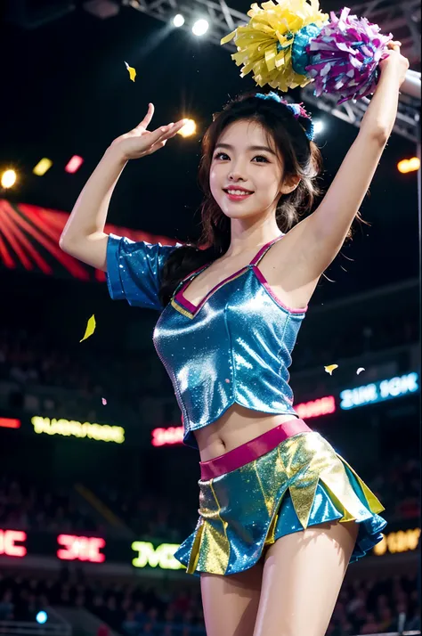 Beautiful Korean idol cheerleader
posters,Painting,high resolution,Ultra-detailed,Realistic:1.37,Vivid colors,hdr,Studio lighting,Sharp focus,
Dance energetically,Smiling happily,Perfect makeup,Stunning costumes,
crowd cheering,exciting atmosphere,dynamicp...