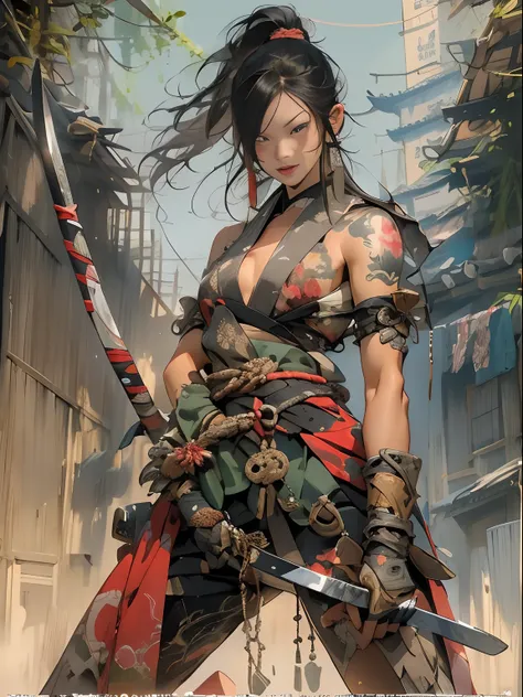 (((woman))), (((best qualityer))), (((tmasterpiece))), (((AS-Adult))), ((( Japanese ))), Look up from your knees, A beautiful asian samurai woman with perfect body, Modern samurai, ((( Asian))), Wear gloves on your hands，The left arm is made of steel and m...