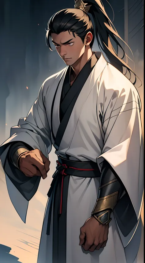 quadratic element,style of anime,mtu(Male Warrior),The proportions are correct,Face details,swordsmen,High ponytail hairstyle,Neck details,There is an Adams apple,Black Hanfu,kaftan,Embroidered robes,Black robe,clothes details,Handing over,longer sleeves,G...
