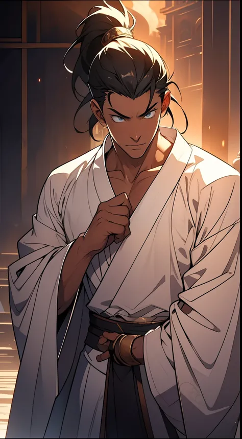 quadratic element，style of anime，mtu（Male Warrior），The proportions are correct，Face details，swordsmen，High ponytail hairstyle，Neck details，There is an Adams apple，White robe，kaftan，long white robe，clothes details，Handing over，longer sleeves，Game quality，Sw...