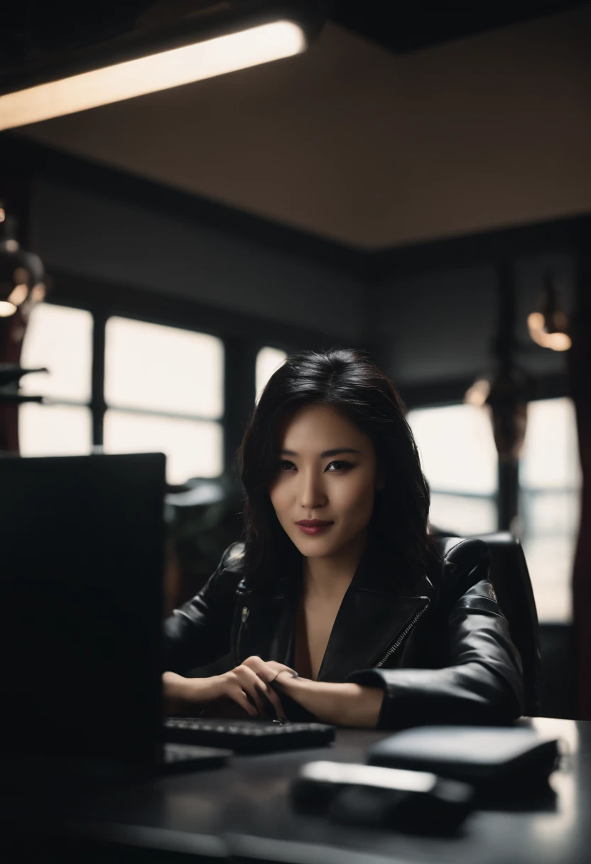 Wearing black leather gloves in both hands Upper body Black leather riders jacket Necklace on the chest Facing the desk in the modern study in the dark, looking down and smiling, long straight black hair Young Japanese woman (black leather gloves covering ...