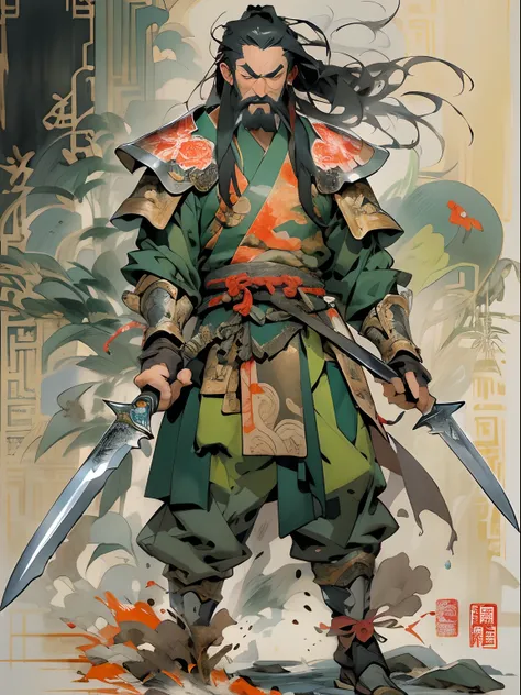 (((China-style，Ink painting method，Half-length portrait，Intense color，Han dynasty, China，Hanfu，Armor，Guan yu，Guan Yunchang，of a guy，Ruddy killing square face，Hold it with your right hand(Close the knife)Qinglong Weir Moon Knife，Stroke your beard with your ...