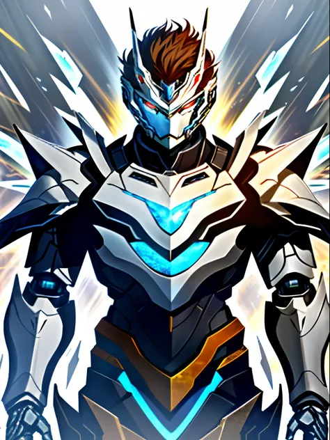 Male anime character with brown hair with futuristic look，brown  hair，with brown eye, sliver ice color reflected armor, high detailed official artwork, intricate glowing mecha armor, cyber japan armor, cyber japan style armor, cyber fight armor, ferra whit...