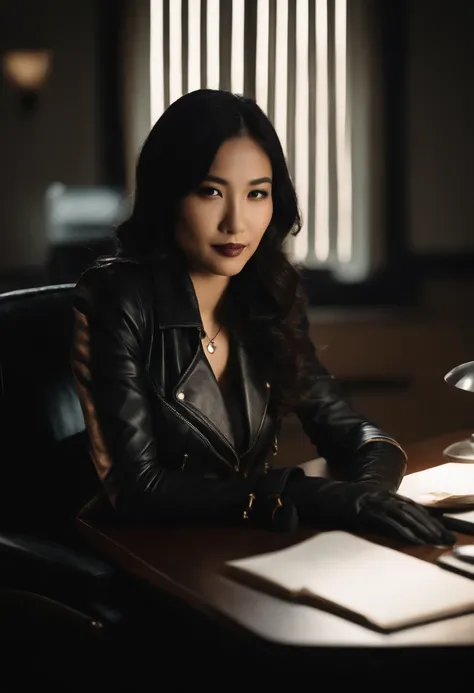 Wearing black leather gloves in both hands Upper body Black leather riders jacket Necklace on the chest Facing the desk in the modern study in the dark, looking down and smiling, long straight black hair Young Japanese woman (black leather gloves covering ...