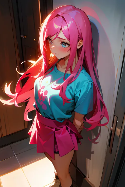 beautiful young woman, hot pink hair, long hair, mini skirt, standing in a bathroom, looking away, embarrassed and blushing, keeping her mouth shut. The woman is peeing. The artwork is a high-resolution masterpiece (1.2), with ultra-detailed and realistic ...