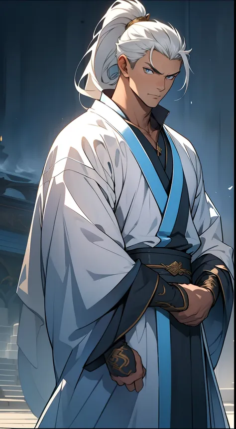 quadratic element，style of anime，mtu（Male Warrior），The proportions are correct，Face details，swordsmen，High ponytail hairstyle，Neck details，There is an Adams apple，White robe，kaftan，long white robe，clothes details，Handing over，longer sleeves，Game quality，Sw...