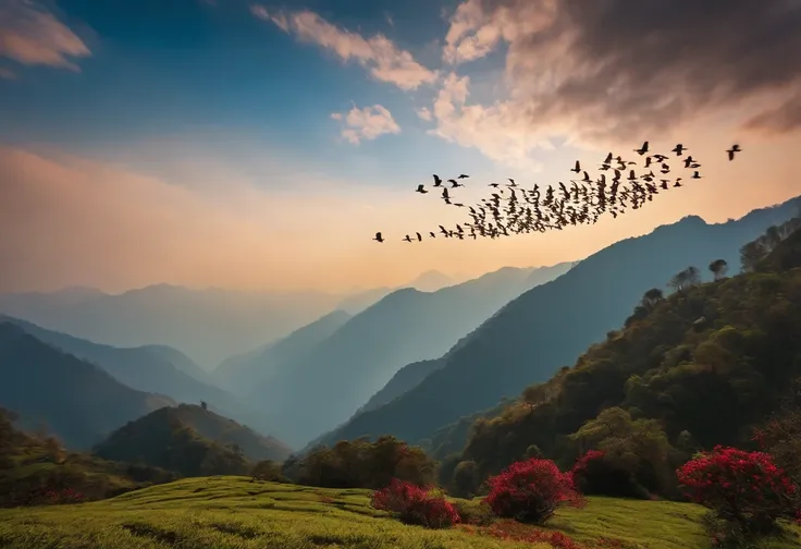 Flying of birds in Nepalese mountain.