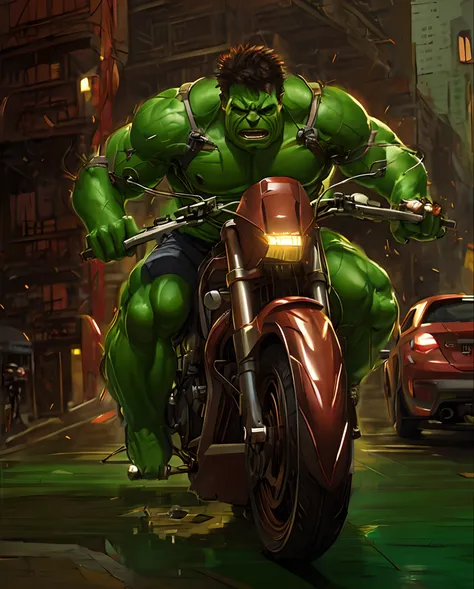 hulk  musculoso pilotando uma ducati diavolo na chuva em uma rua da cidade ciber punk  chineza, wojtek fus, o hulk, directed by:...