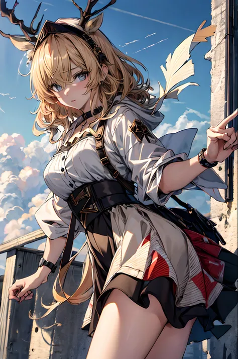 (((Masterpiece))),(incredibly_absurderes),(Best quality),(A high resolution),(Highly detailed),((CG unity 8k wallpaper))，Best quality at best，tmasterpiece，1girll，blond hairbl，messy  hair，curly_Hair，The shirt，a skirt，kawai，JK，Red_bow，Wrist watch，choker neck...