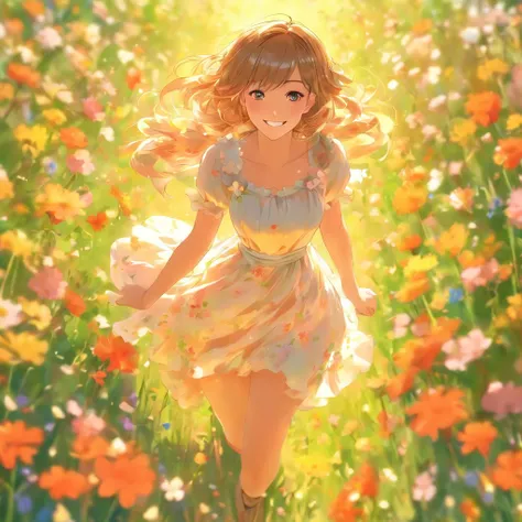 handsome girl, short transparent dress, Walk through the field of flowers, ssmile,