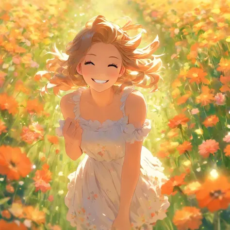 handsome girl, short transparent dress, Walk through the field of flowers, ssmile,