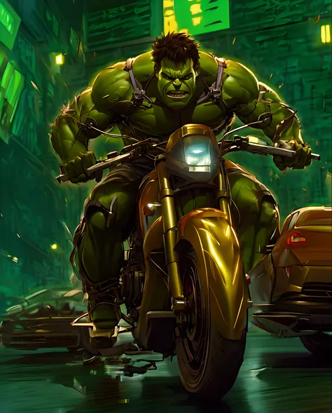 hulk  musculoso pilotando uma ducati diavolo na chuva em uma rua da cidade ciber punk  chineza, wojtek fus, o hulk, directed by:...