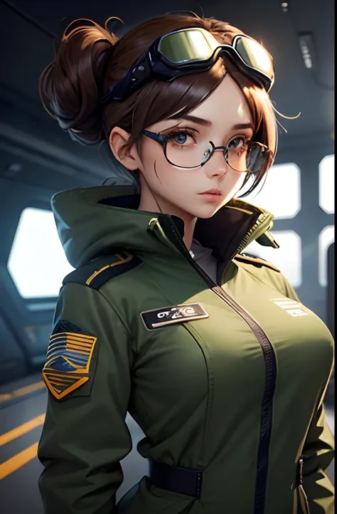 Woman in pilot uniform,  Wearing very large futuristic VR goggles on your head、Female Inventor, the hair on the head is dark brown, The hair on the head is tied into one, Big eyes、Eyes are light brown, Large black-rimmed glasses, Freckles on the cheeks, Pl...