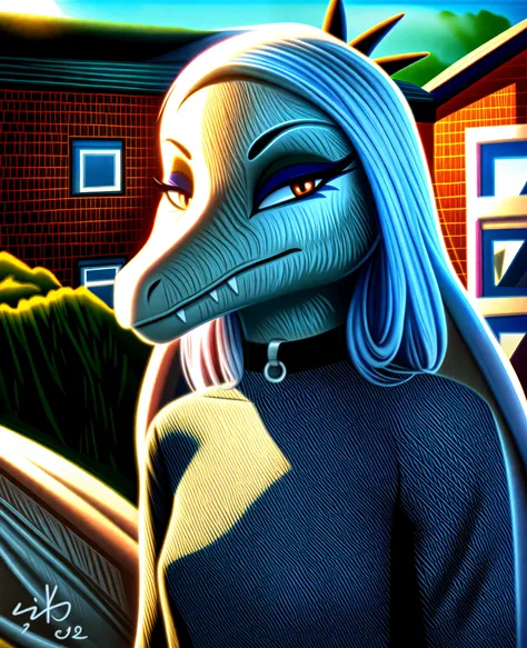 fang, female, dinosaur, pterodactylus, scalie, portrait, looking at viewer, rooftop, black clothes, choker, half closed eyes, wi...