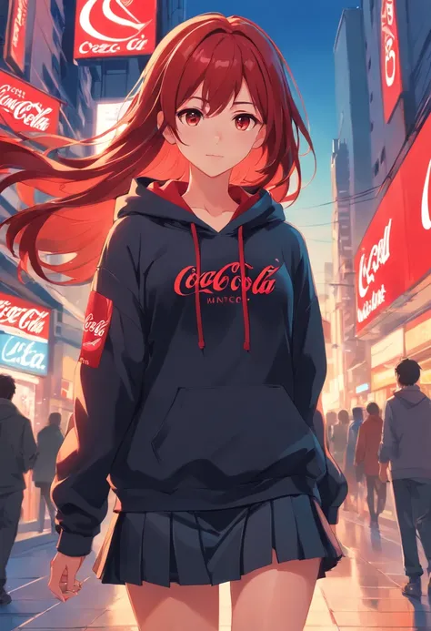 1 girl, Coca-cola theme, Coca-cola style, red long hair, black hoodie, miniskirt