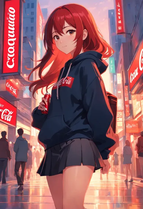 1 girl, Coca-cola theme, Coca-cola style, red long hair, black hoodie, miniskirt