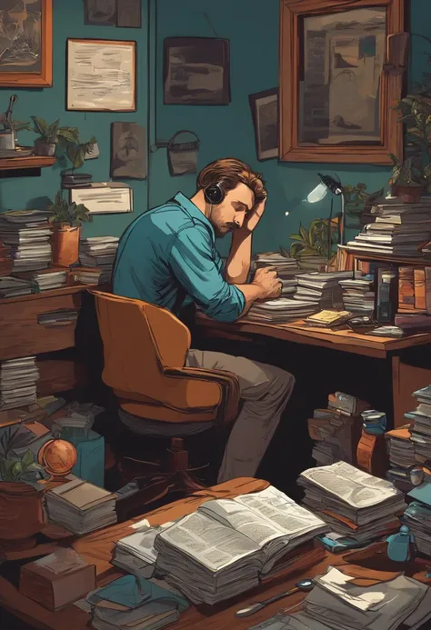 Create the illustration of a man hunched over his desk in a room full of distractions, as electronics, livros e tarefas inacabadas, symbolizing procrastination. His expression should be one of weariness and exhaustion.